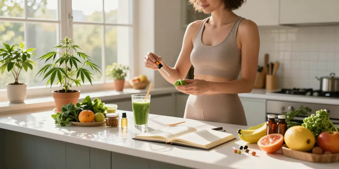 Natural wellness moment with ministryofcannabis CBD oil, fresh hemp plant, and healthy ingredients in a bright kitchen.