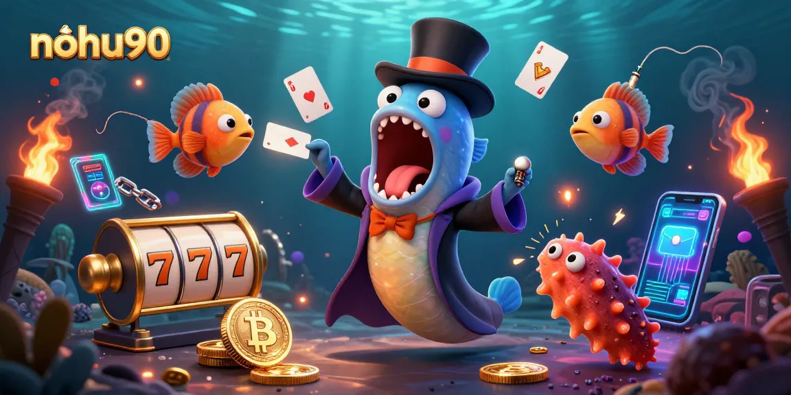 Nohu90 showcases a vibrant underwater casino scene with thrilling slot reels and cryptocurrencies.