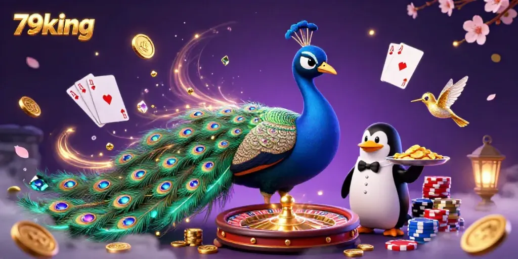 Experience the vibrant 79king casino with a majestic peacock, a butler penguin serving chips, and dynamic golden elements.