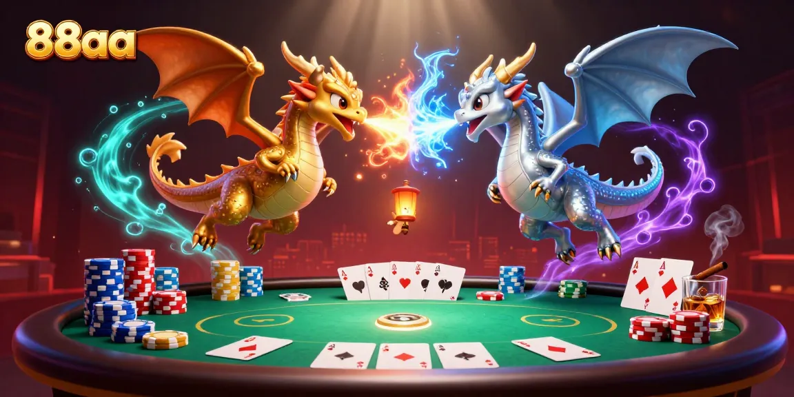 Experience intense gaming action in 88aa with twin dragons unleashing fire and ice in a vibrant casino scene.