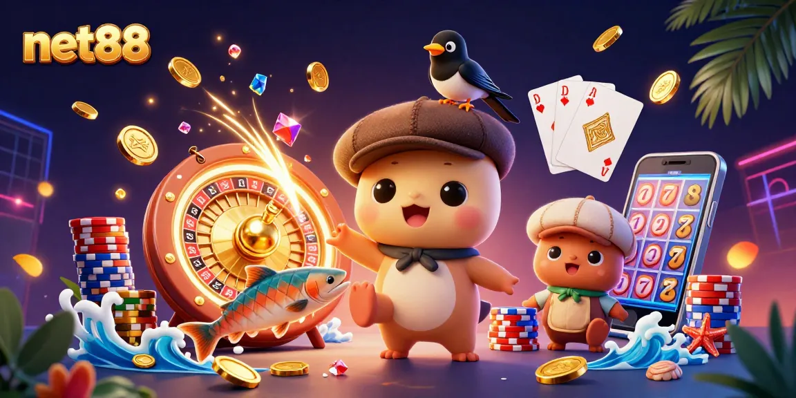 Engage with net88 gaming excitement featuring cartoon Nessie, coins, and vibrant casino elements.
