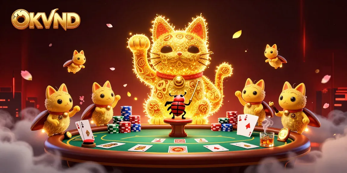 Experience the thrill of OKVND's vibrant casino atmosphere with a lucky cat surrounded by dynamic gaming elements.