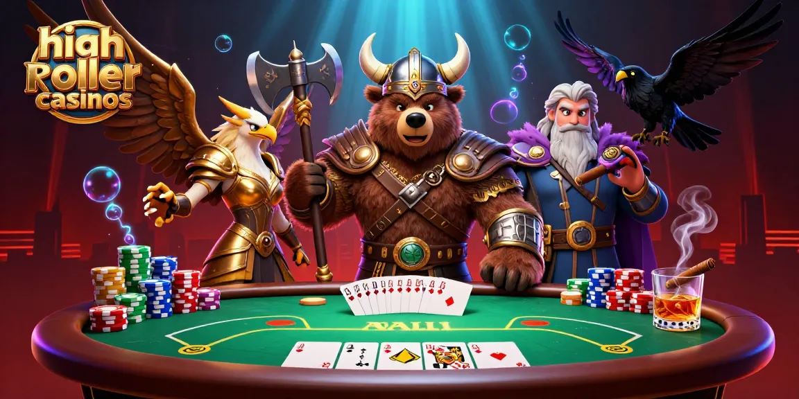 Experience high roller casinos with Viking characters at a vibrant poker table.