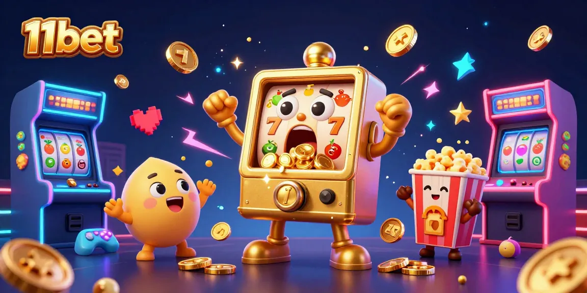 11bet golden slot machine hits jackpot, coins flying, vibrant casino atmosphere.