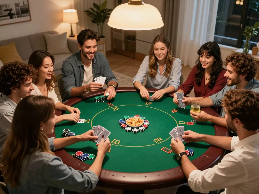 Friends enjoying an engaging poker night at home, featuring sunwingo gameplay with cards and chips.