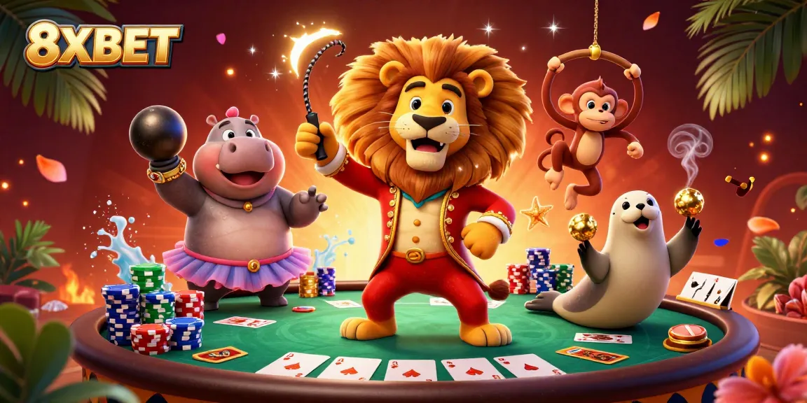 Experience thrilling moments at 8XBET with cartoon characters around a vibrant poker setting filled with excitement.