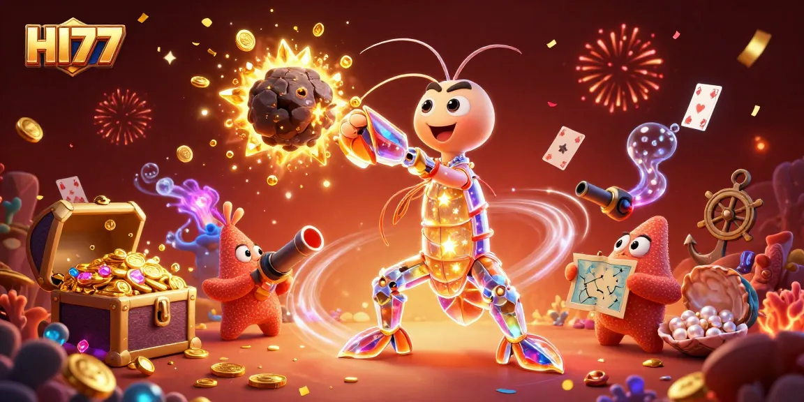 HI77 delivers thrilling wins with a galactic samurai mantis shrimp amidst dynamic casino elements and treasures.