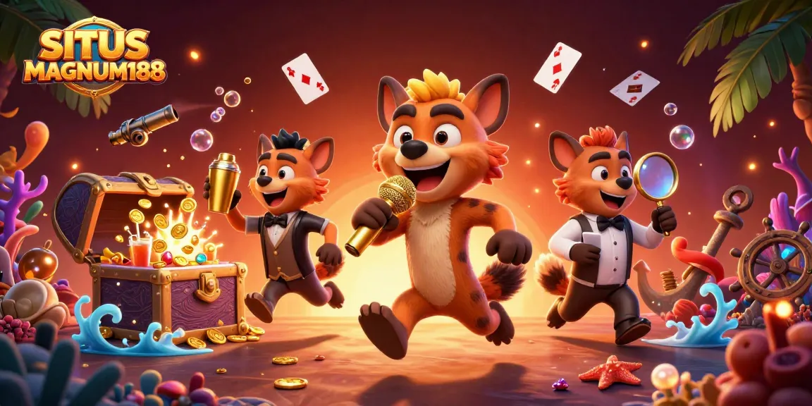 SITUS MAGNUM188 showcases a vibrant scene with hyenas delighting in a casino setting, capturing rich gambling fun.