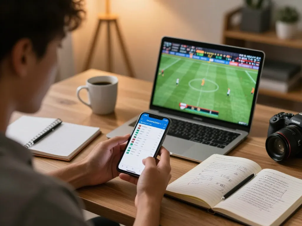 Engaging sports betting with kèo nhà cái displayed on smartphone, focused player in cozy home office