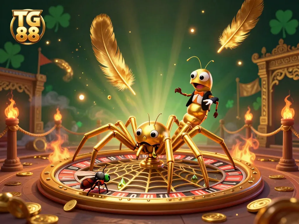 Watch TG 88's golden spider croupier spinning a roulette web with vibrant game elements in an enchanting casino scene.