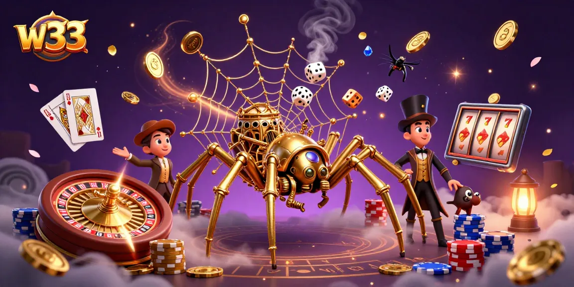 Engage with w33 in a vibrant 3D casino scene featuring golden elements and animated gameplay.