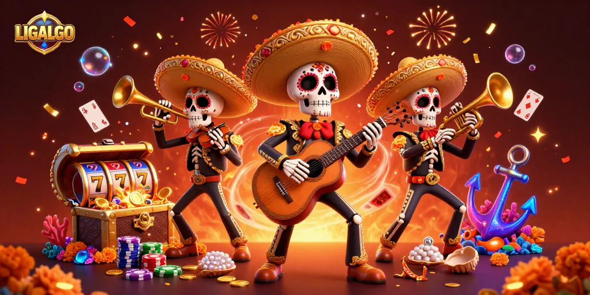 LIGALGO brings excitement to life with a festive skeleton mariachi band amidst vibrant casino symbols.