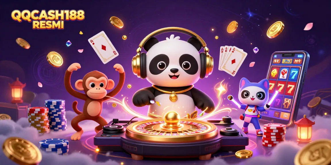 Engage with QQCASH188 RESMI as a DJ panda spins roulette wheels amidst vibrant casino elements.
