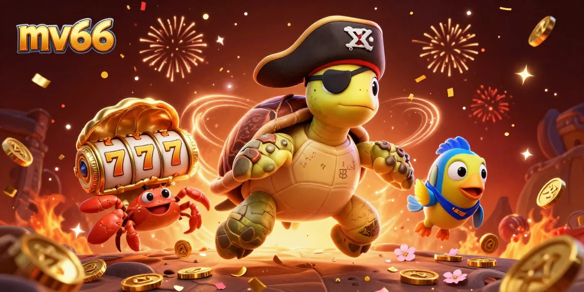 Spin the reels with mv66, featuring a pirate turtle, hermit crab, and parrotfish among casino elements.