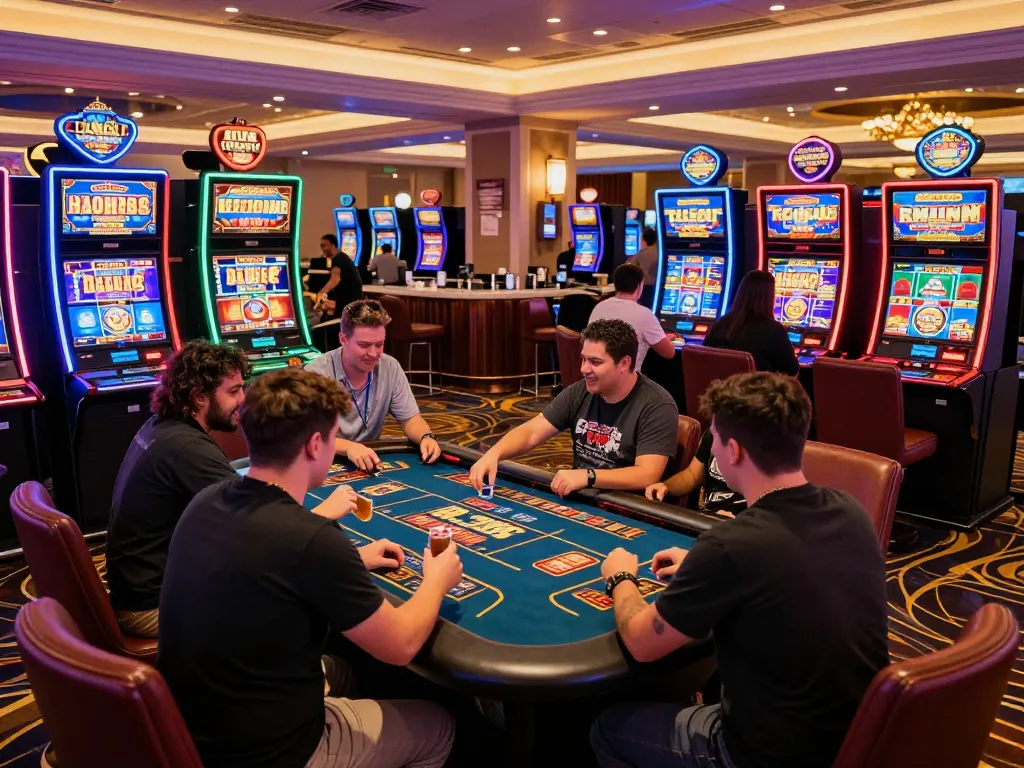 Exciting casino scene at rr88 com showcasing vibrant players and slot machines.