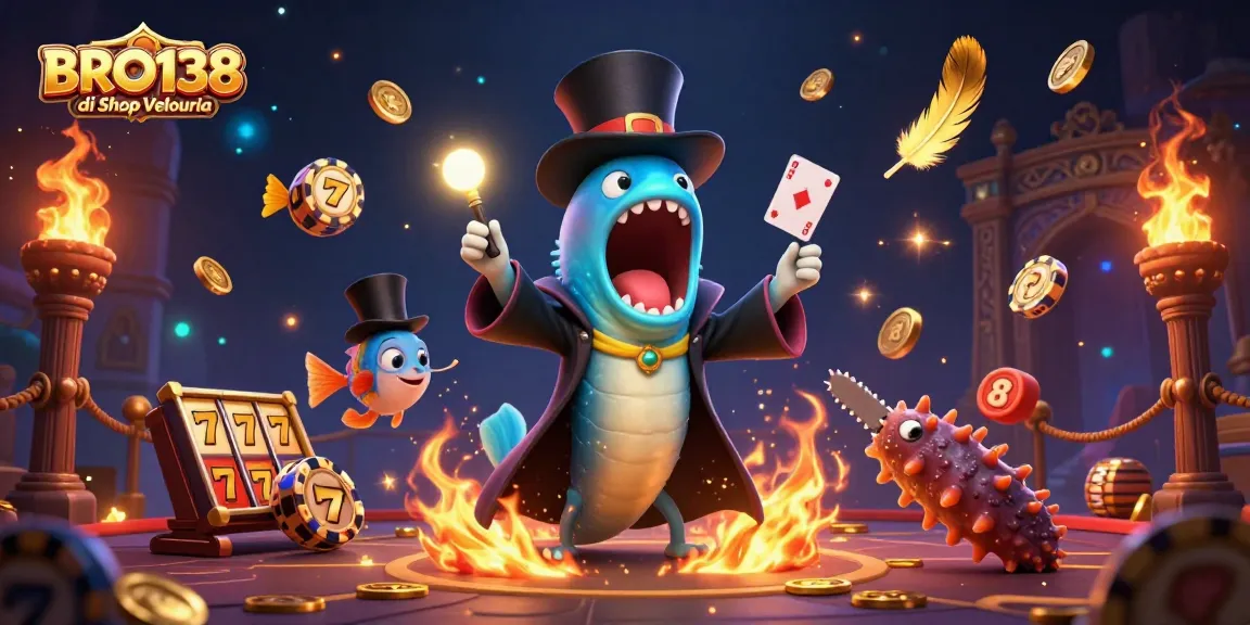 Engage in exciting slot gameplay at BRO138 di Shop Velouria, featuring vibrant 3D characters and magical effects.