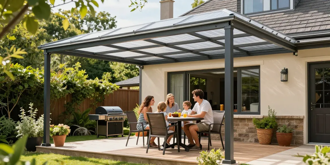 Freistehende Terrassenüberdachung in Gartenumgebung mit Familie, die eine sonnige Nachmittagszeit genießt.