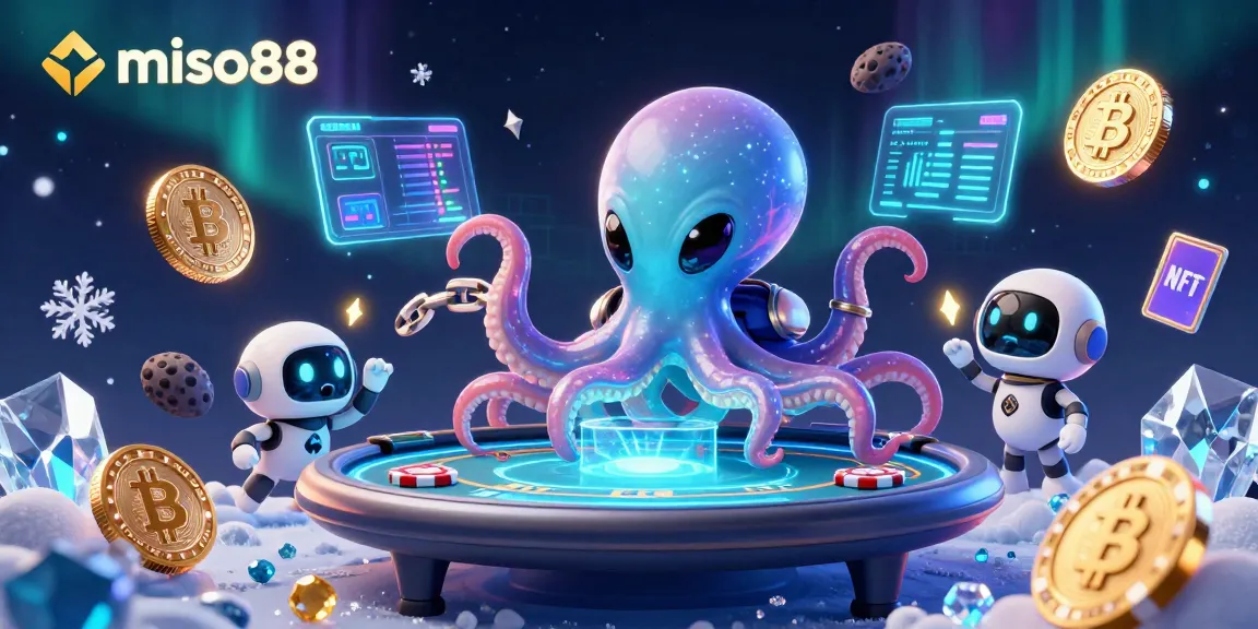 Engage with miso88's thrilling alien poker scene featuring vibrant crypto coins and energetic gameplay elements.