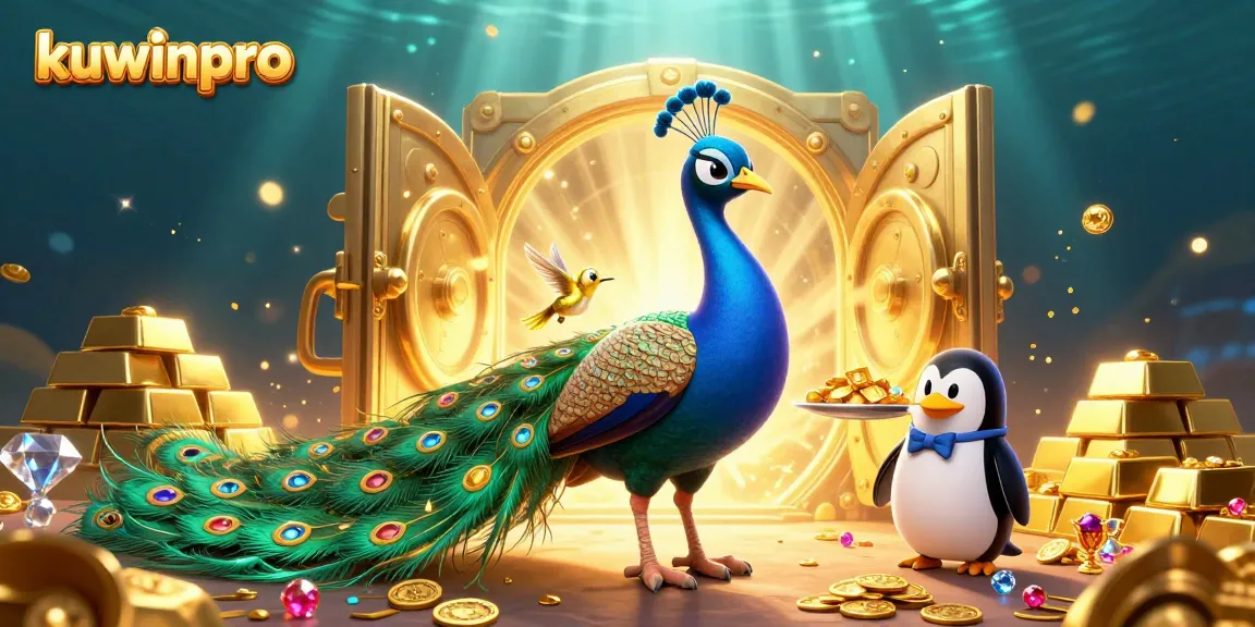 Engage with kuwinpro's vibrant casino experience surrounded by treasure, peacock, and golden chips.