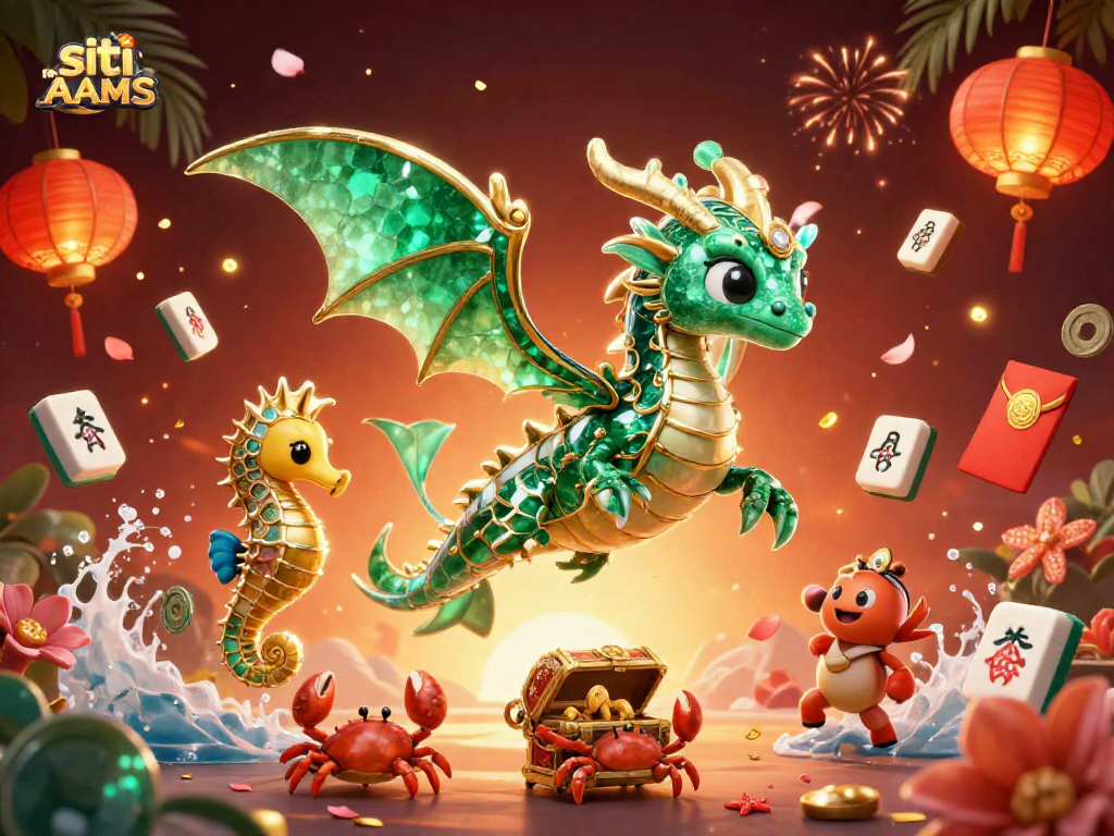 Esplora i siti non AAMS con un drago marino 3D e simboli fortunati, in un'illustrazione ricca di colori e dettagli.