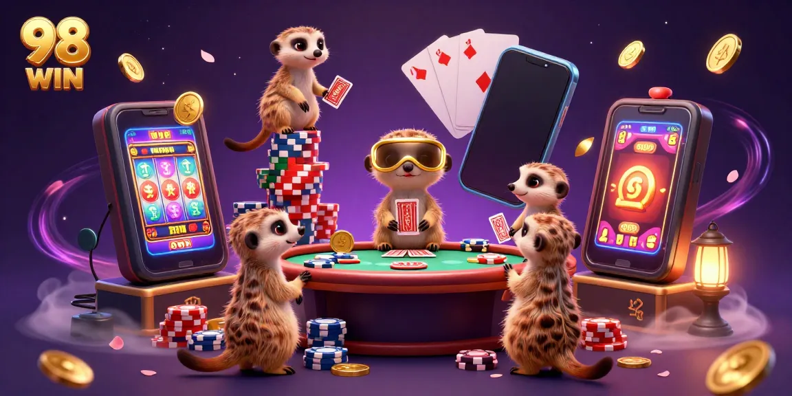 Experience the excitement of 98 WIN with meerkats running a vibrant casino operation amidst golden coins and high-energy gameplay.