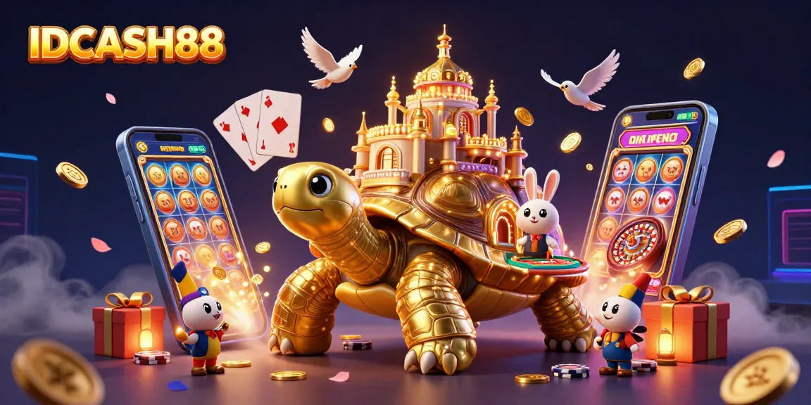 Engage with IDCASH88's golden tortoise casino featuring a rabbit dealer and vibrant gaming elements.