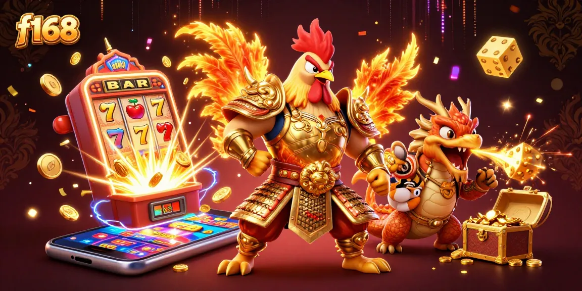 Experience thrilling games and jackpots at f168 with a dynamic gaming scene featuring lucky symbols and mascots.