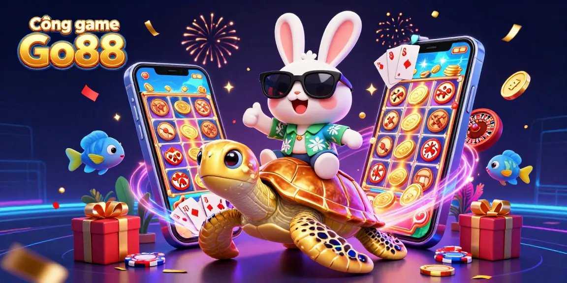 Engage with Cổng game Go88 in a vibrant 3D scene featuring playful characters and dynamic casino elements.