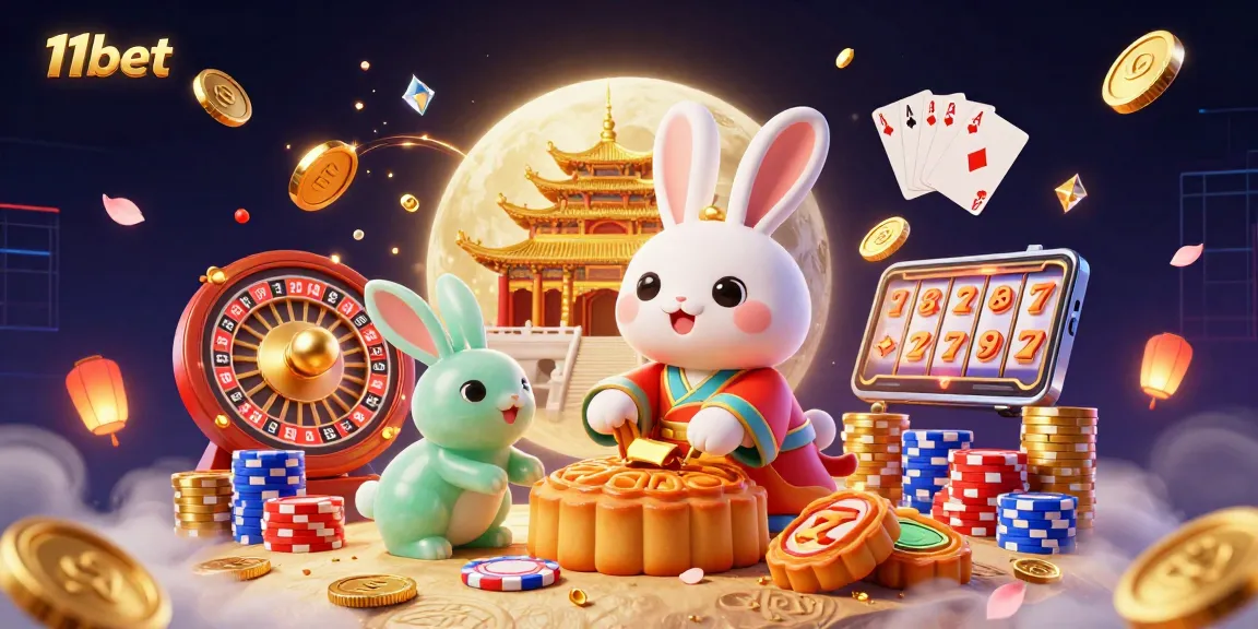 Experience thrilling gameplay with 11bet as the moon rabbit reveals poker chips while surrounded by golden coins and vibrant gems.