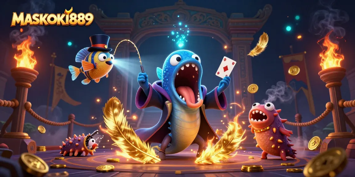 MASKOKI889 showcases a lively scene with a deep-sea gulper eel performing tricks, surrounded by magical casino elements.