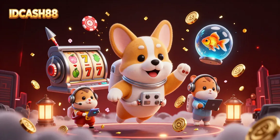 Experience thrilling gaming visuals at IDCASH88, with slots, corgis, and vibrant casino elements.