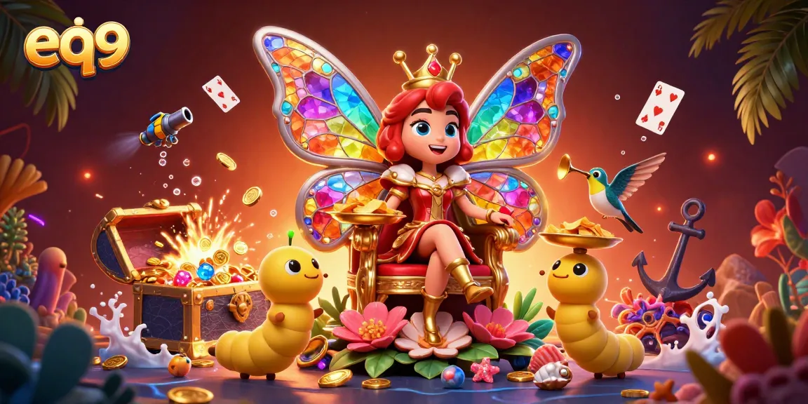 Experience thrilling gameplay at eq9 casino with a vibrant, detailed scene of a butterfly queen and gaming elements.