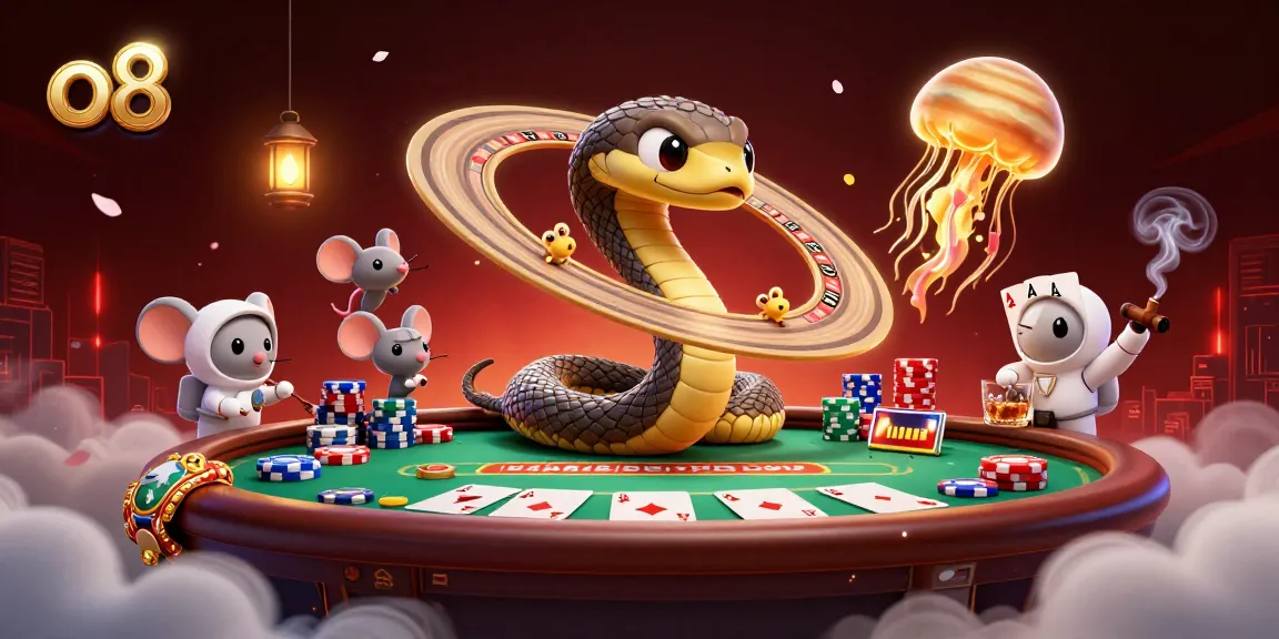 Bet on the o8 roulette wheel with a 3D Saturn snake as your dealer in a vibrant casino scene.