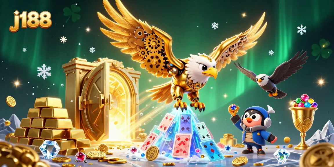 Engage in thrilling bets and wins with j188, featuring a diving golden eagle amidst dynamic casino elements.