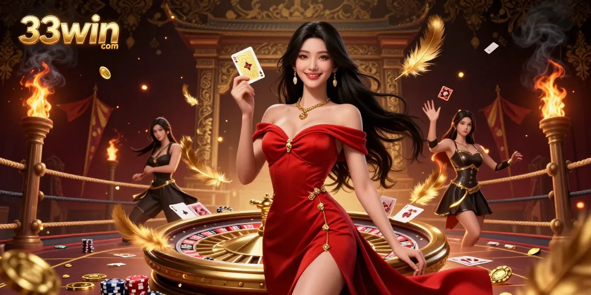 Engage with 33win com in an exquisite casino scene featuring a beautiful Asian woman smiling confidently amidst golden gaming elements.
