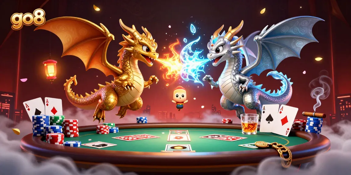 Experience the excitement of go8 casino as twin dragons breath fire and ice in a vibrant casino setting.