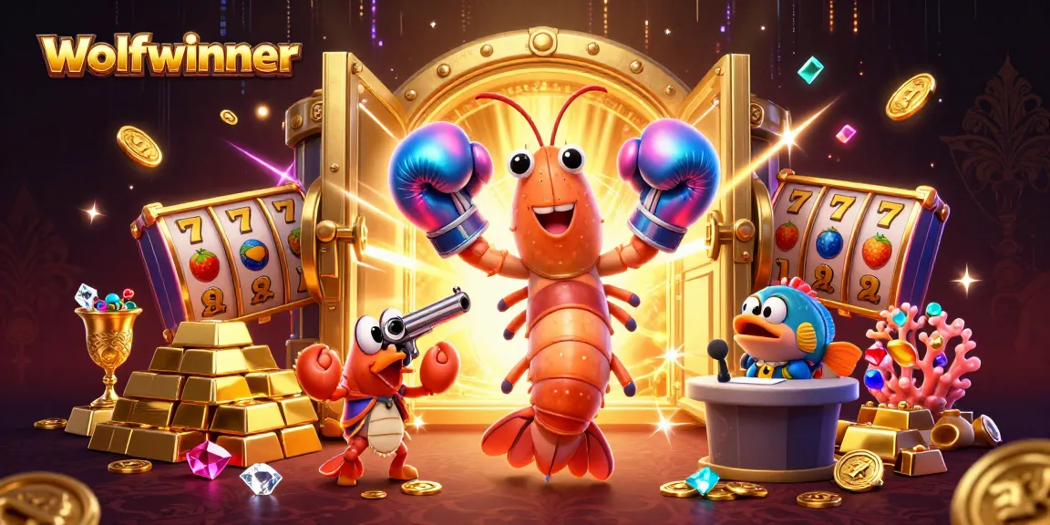 wolfwinner gaming with mischievous shrimp characters and a treasure vault bursting gold