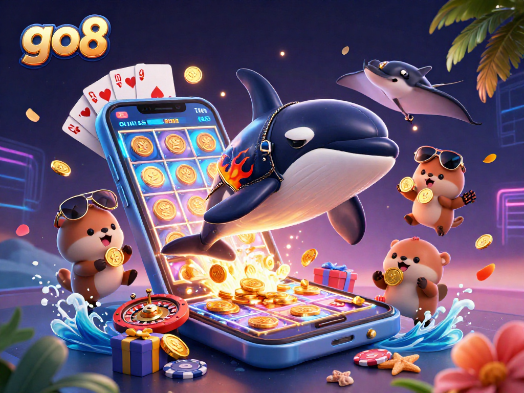 Engage in thrilling games at go8, with vibrant orca, stingray, and otters amid colorful slot reels.