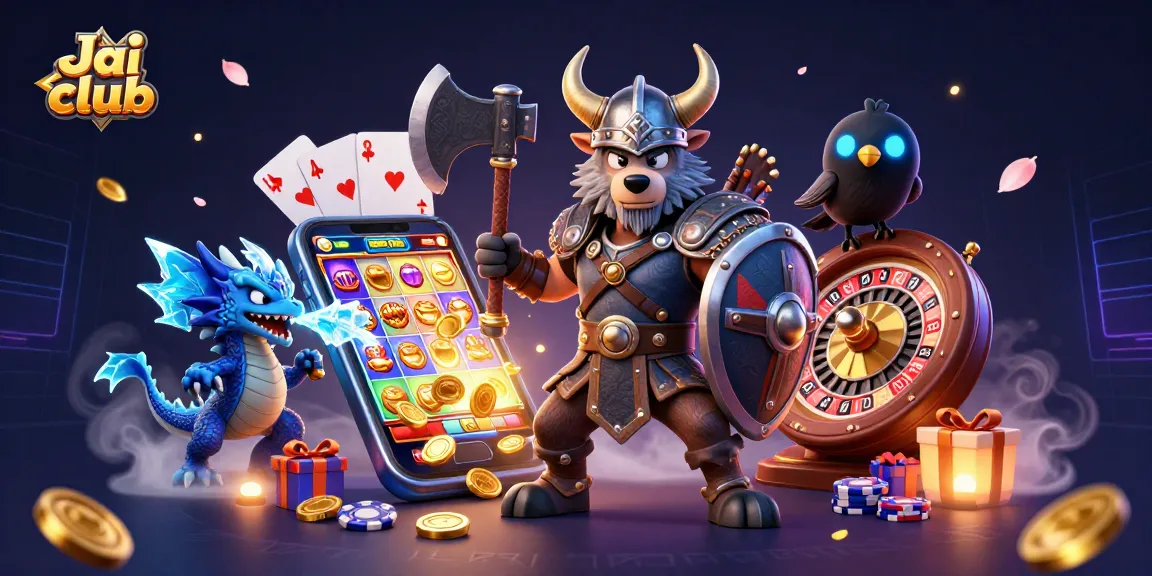 Engage with Jai club, featuring a Viking wolf warrior amidst vibrant slot games and exciting bonuses.