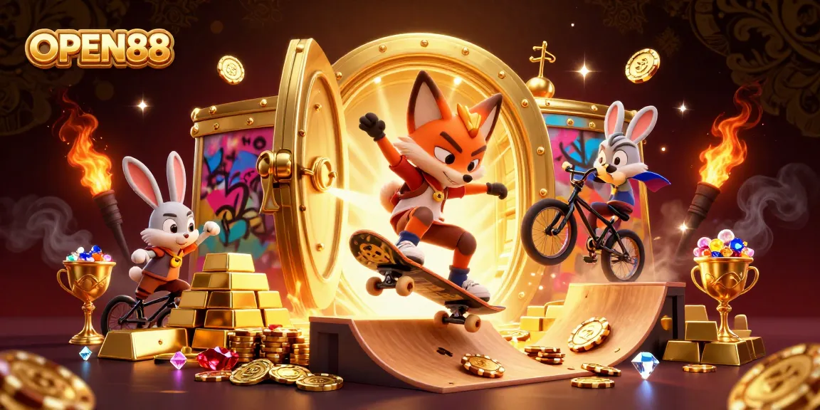 Experience dynamic fun with OPEN88 as a skateboarder fox and BMX rabbit perform tricks amidst casino treasures.