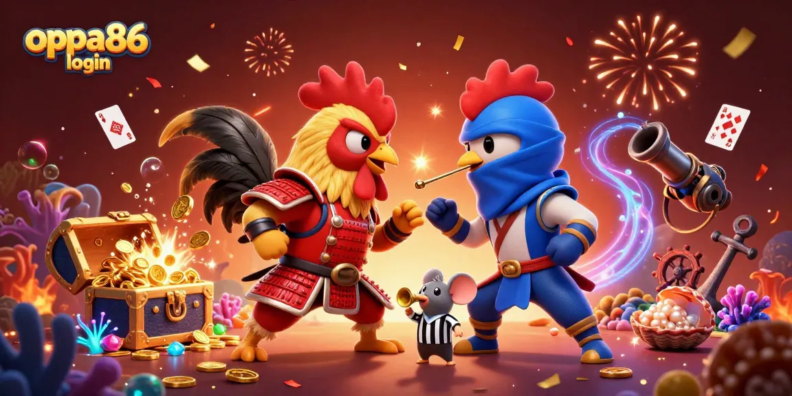 Engage with the thrilling oppa86 login at the ultimate fighting rooster showdown in a vibrant casino scene.