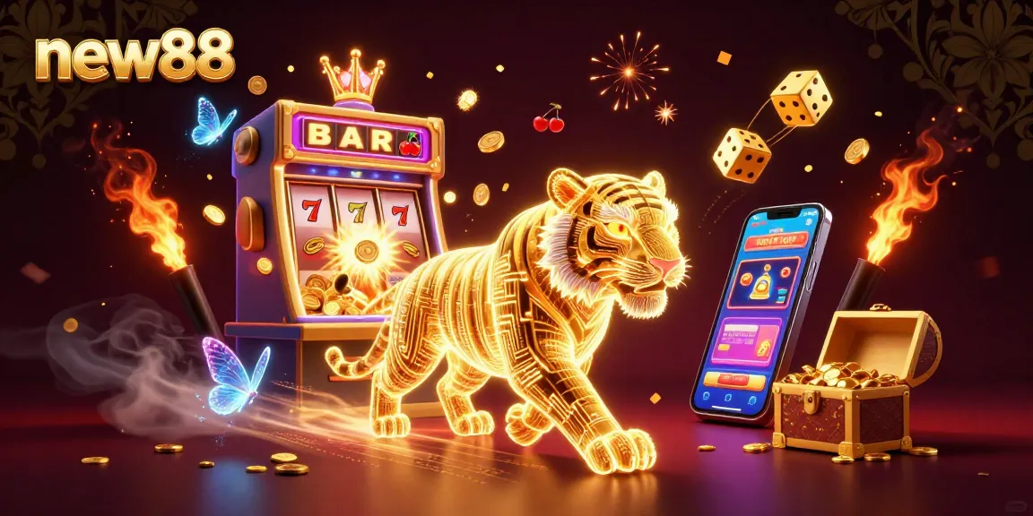 Immerse in new88 where a glowing golden tiger navigates a digital casino full of prizes and games.