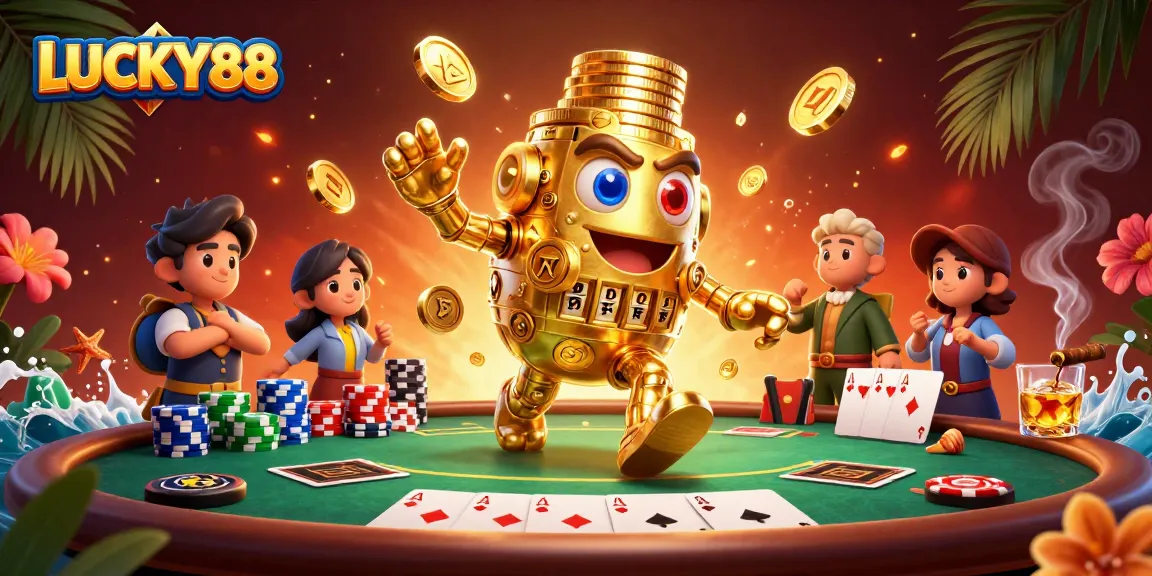 Experience thrilling wins with LUCKY88 in this ultra-detailed 3D casino scene featuring vibrant poker elements.