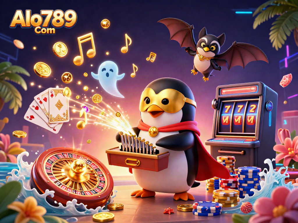 Engage with winning strategies at Alo789 Com featuring a vibrant casino scene filled with dynamic characters and gold coins.