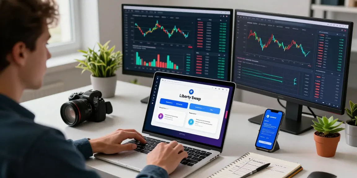 Dynamic workspace showcasing libertyswap platform interface on laptop amidst modern digital finance tools and analytics.