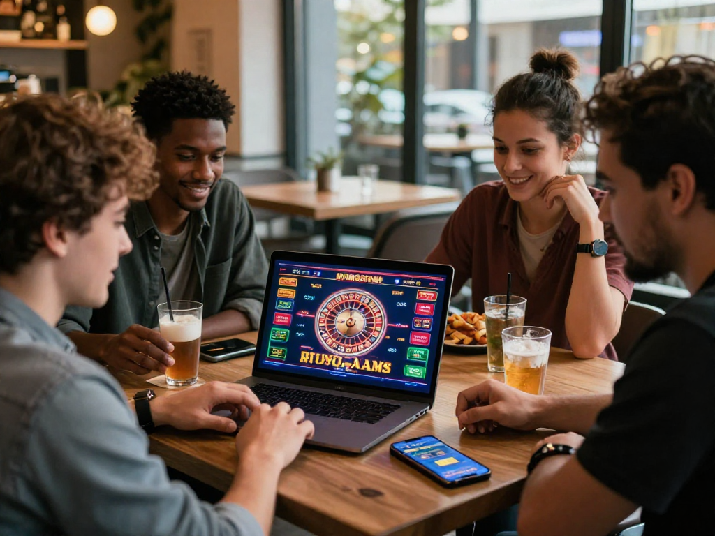Giovani amici coinvolti in un gioco di roulette online su siti non AAMS, atmosfera vivace in un caffè elegante.