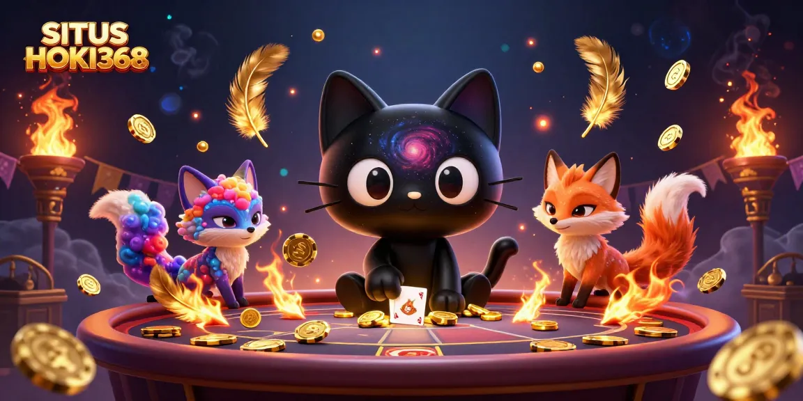 SITUS HOKI368 features a cosmic casino scene with a black hole cat and colorful nebula fox engaging in thrilling gameplay.