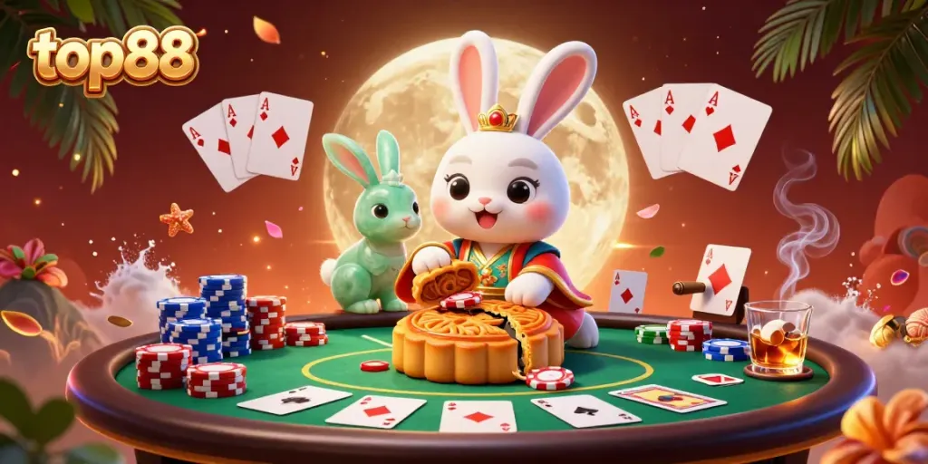 Engage with top88 as the moon rabbit reveals poker chips from mooncakes in a vibrant casino scene.