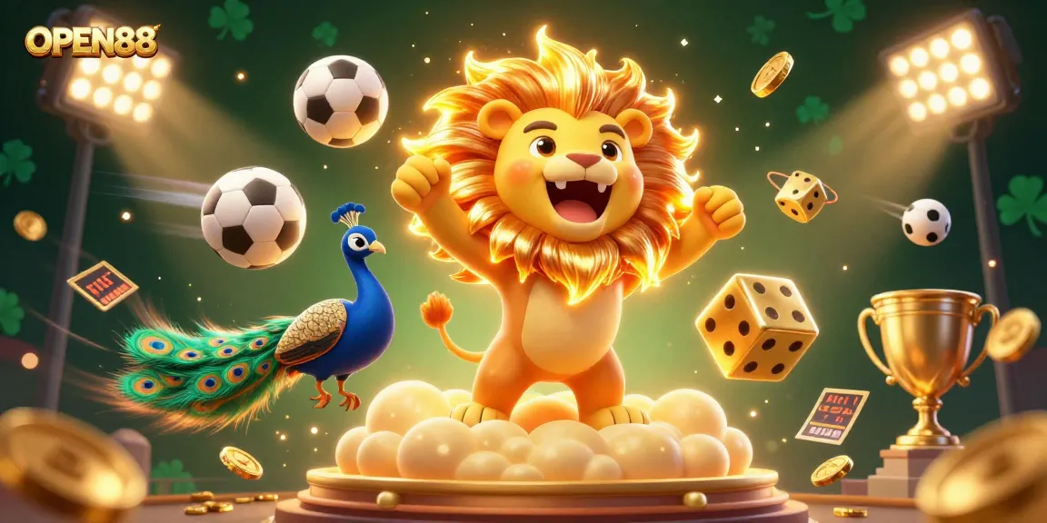 Experience the excitement of OPEN88 with a roaring lion, dynamic sports elements, and stunning casino visuals.