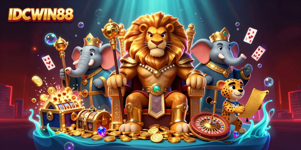 Experience the thrill at IDCWIN88 with a lion king, elephant advisor, and cheetah messenger amidst casino elements.